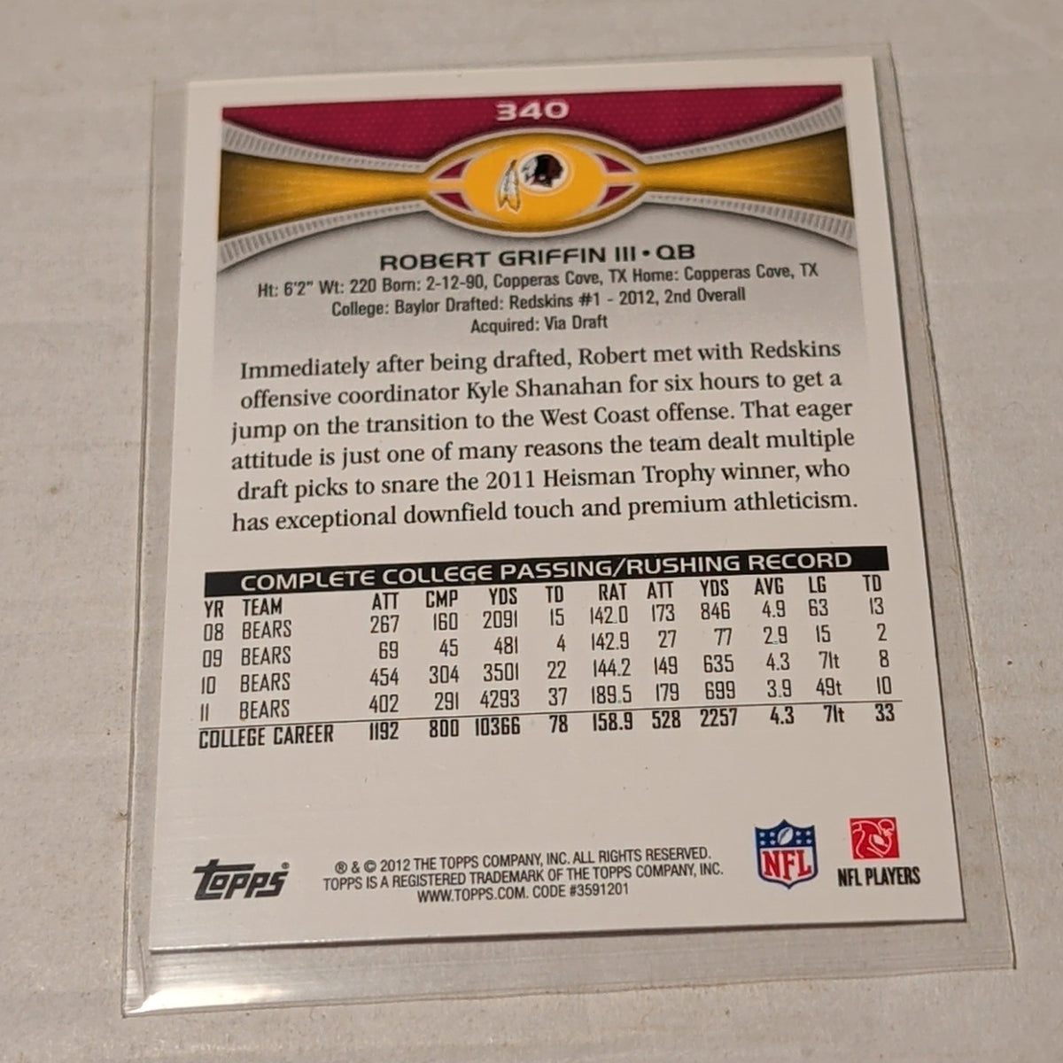 Robert Griffin III 2012 Topps RC #340 Redskins RC 
