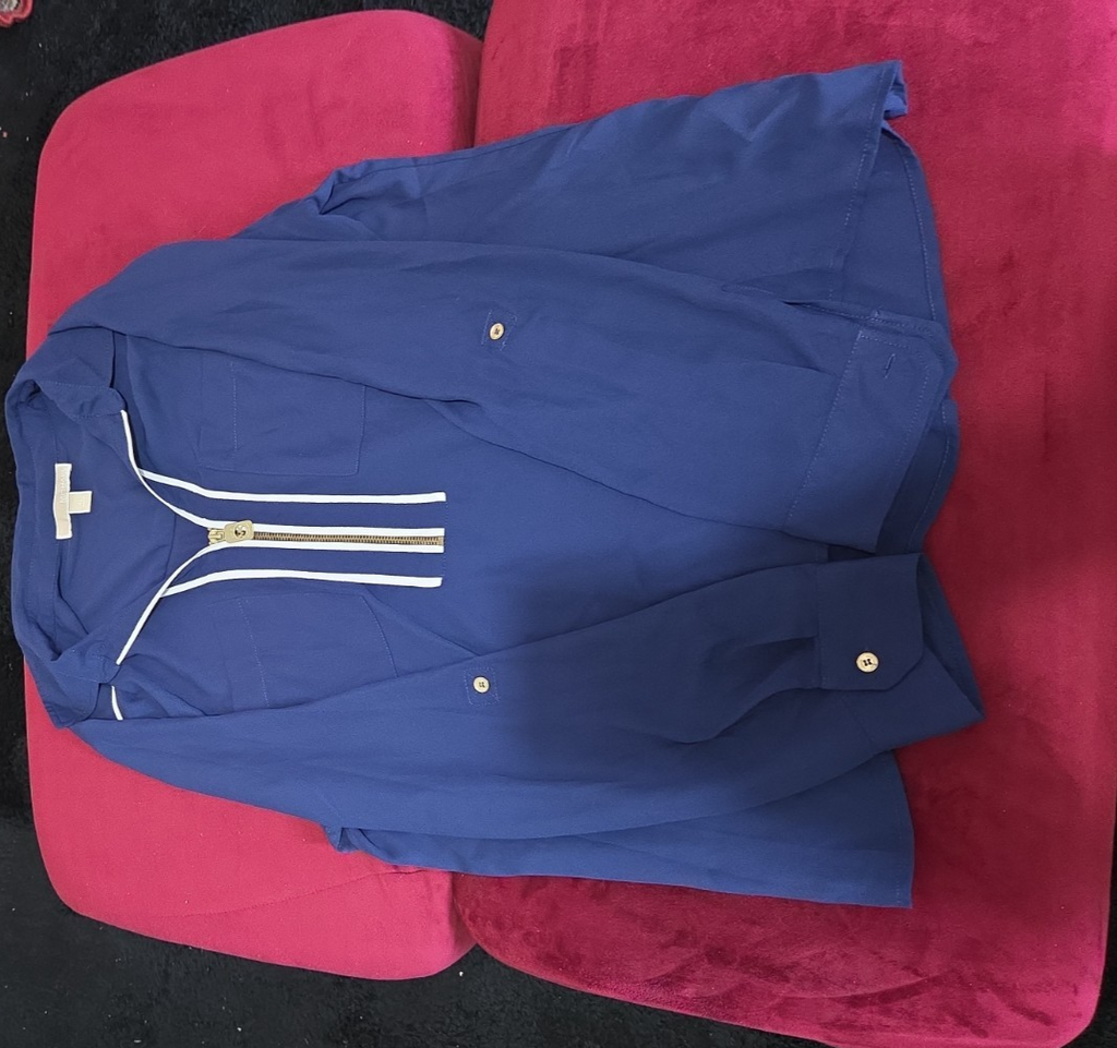 Michael Kors Blouse XL Navy Blue Zip Front Roll Tab Sleeve Shirt Gently Used