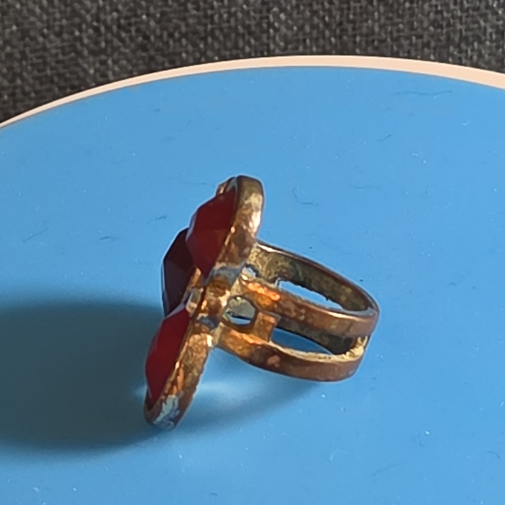 Red Gemstone Cluster Ring Gold Tone Statement Size 8.5