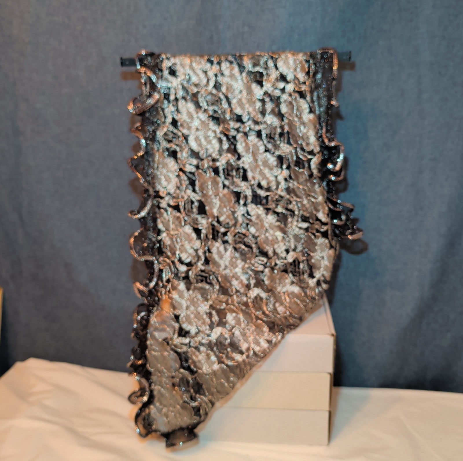 Laurena by LJL Metallic Lace Scarf Wrap Silver Black Ruffled Boho NWT 63x23