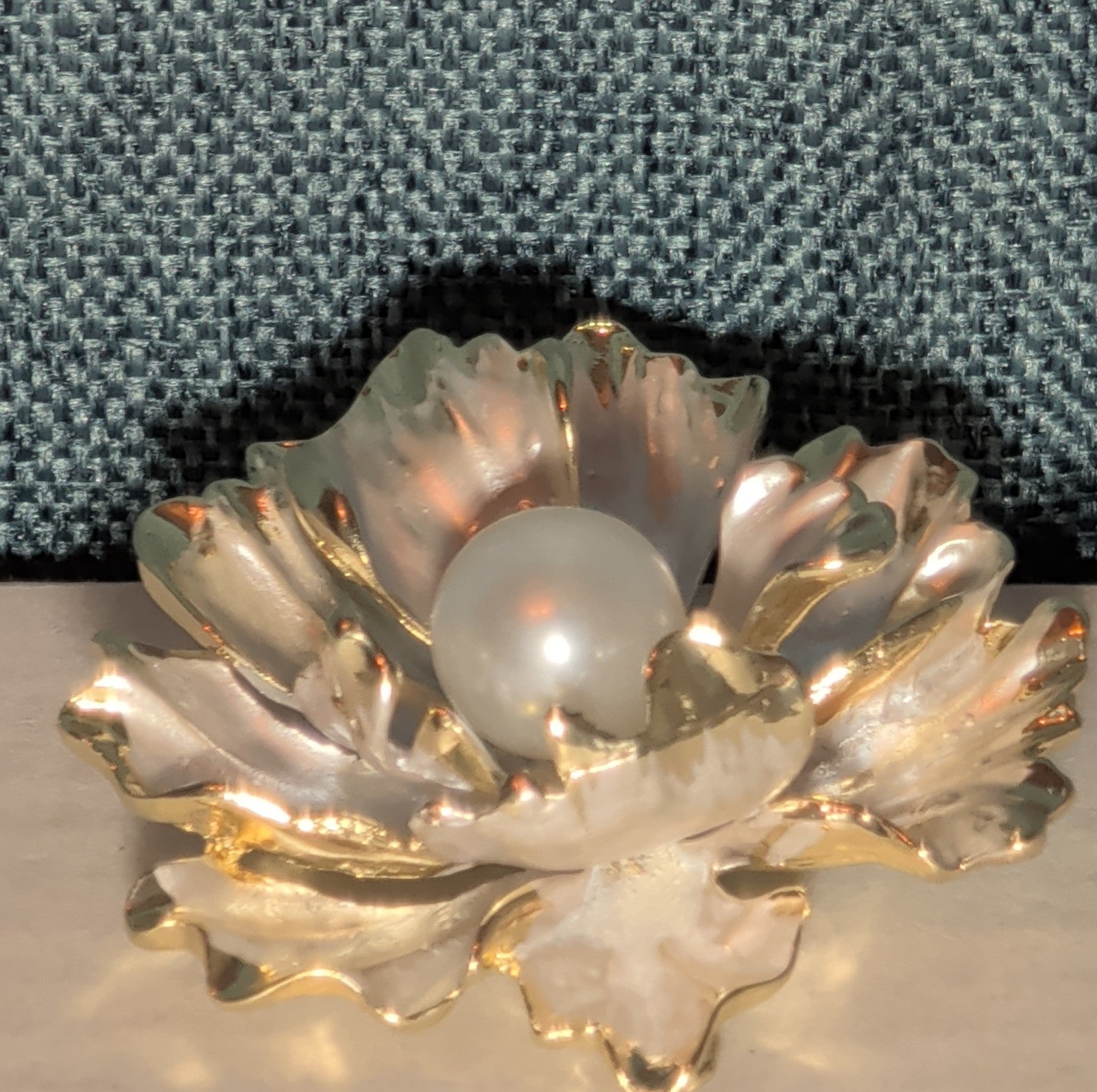Peony Flower Brooch Pin Gold Tone Faux Pearl Enamel Coquette NWOT