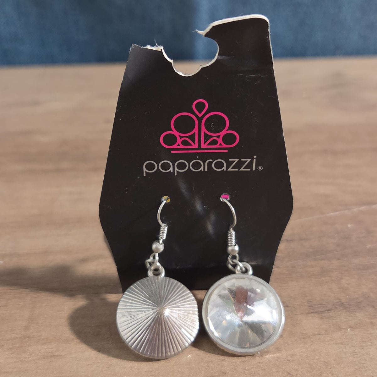 Paparazzi Rhinestone Drop Earrings Silver Sunburst Reverse Vintage