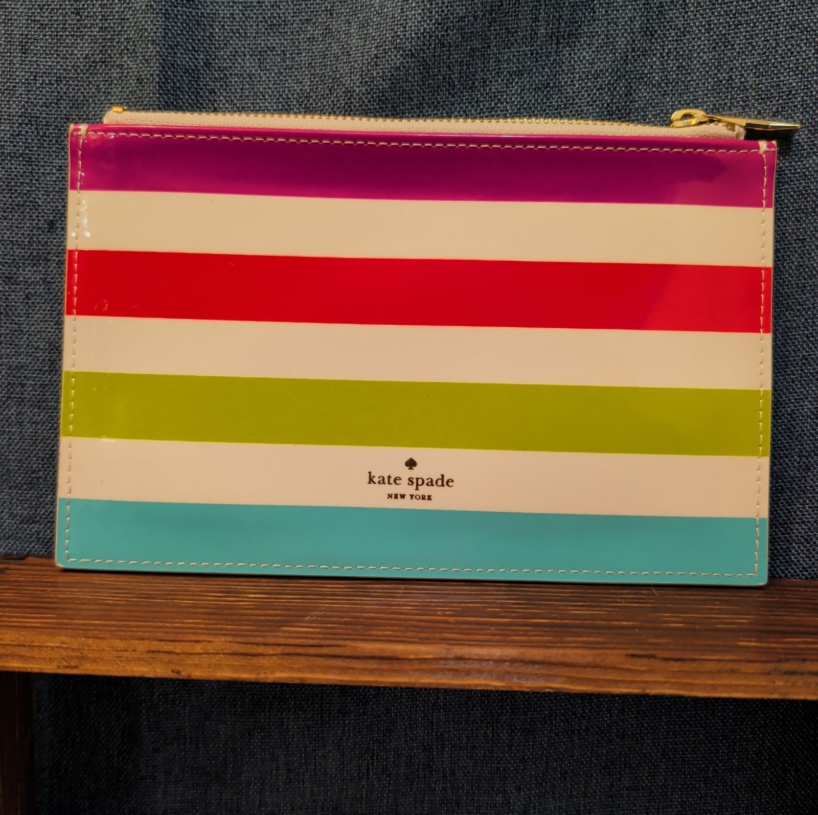 Kate Spade Striped Pencil Case Makeup Pouch Glossy Patent Preppy