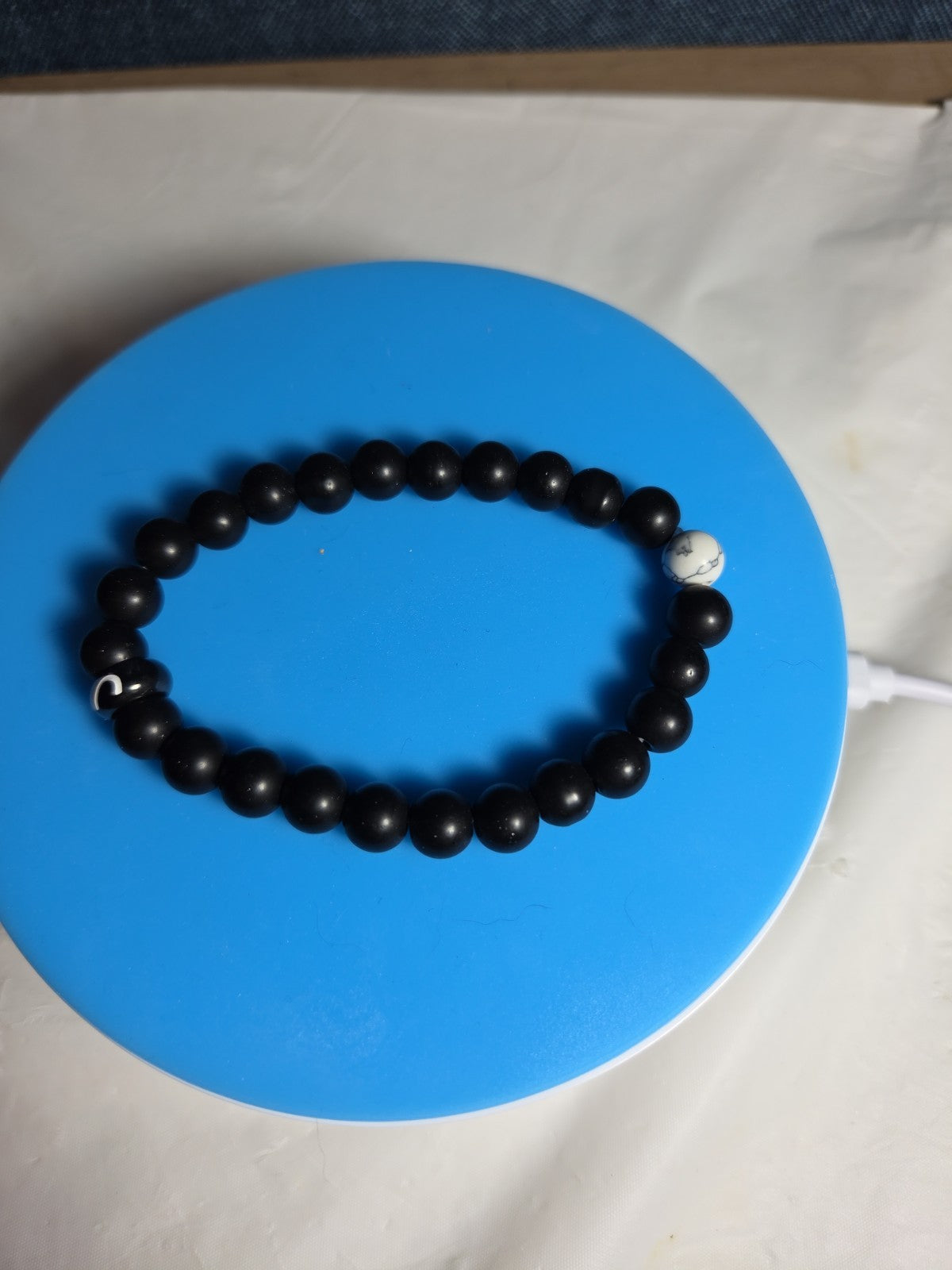 Natural Stone Bead Stretch Bracelet Matte Black White Howlite