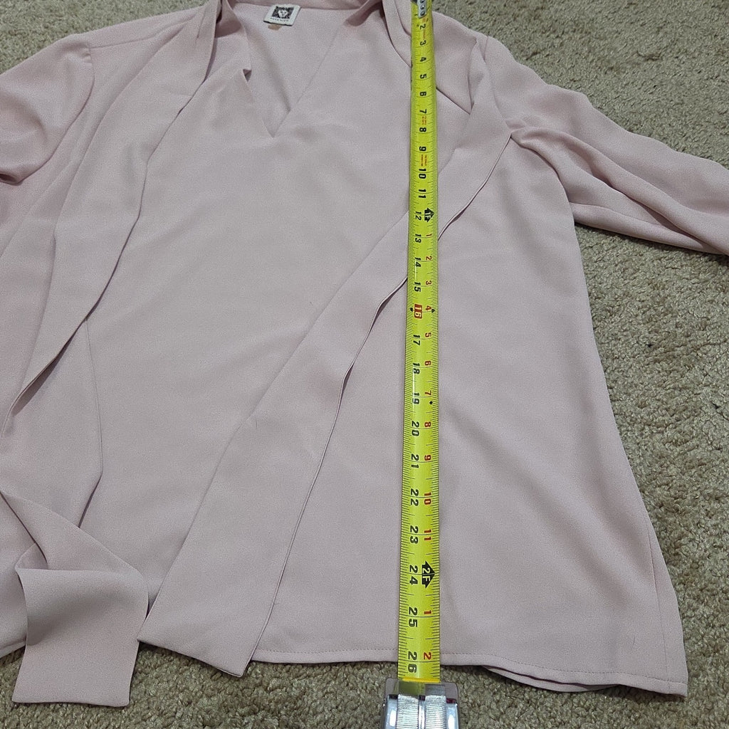 Anne Klein Blouse L Pink Tie Neck V-Neck Long Sleeve Career Top