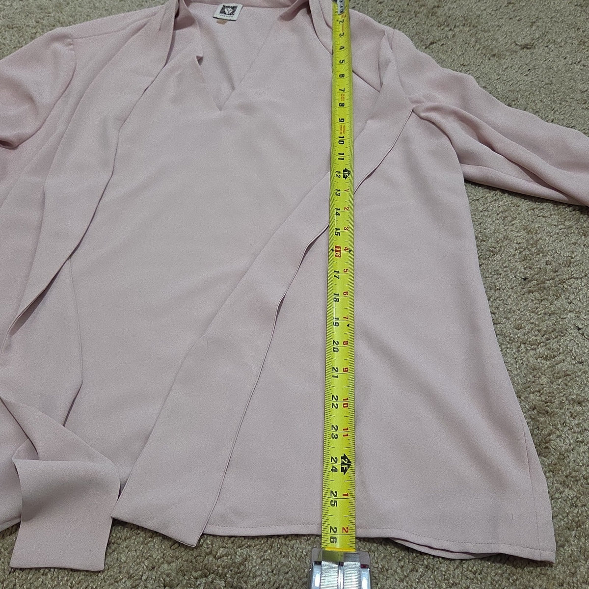 Anne Klein Blouse L Pink Tie Neck V-Neck Long Sleeve Career Top