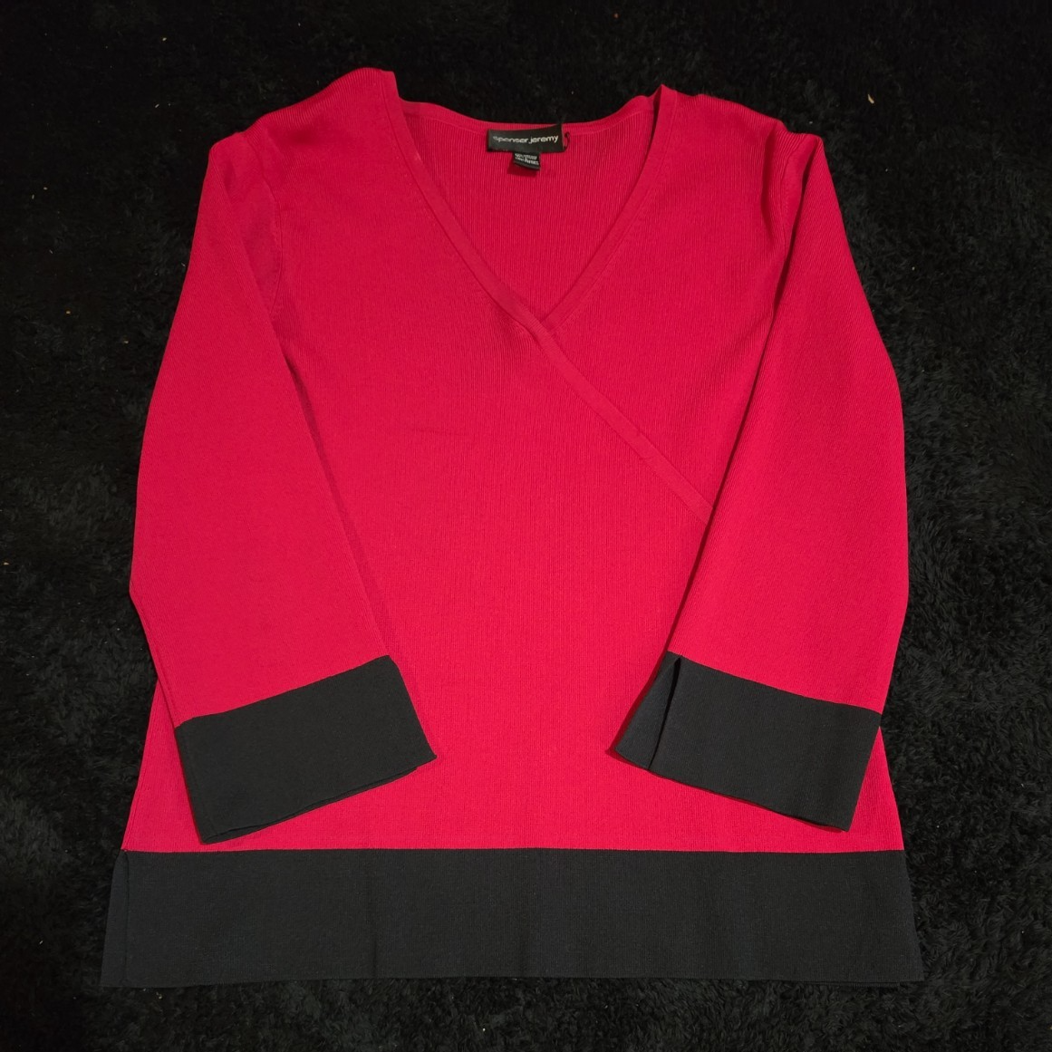 Spenser Jeremy Knit Skirt Set Large L Red Black Faux Wrap Sweater 2 Piece Vtg