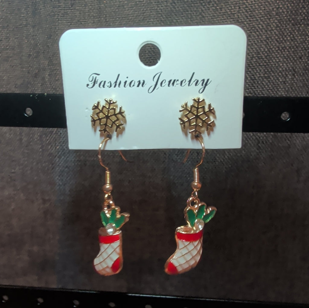 Christmas Stocking Snowflake Earring 2-Pair Set Enamel Gold-Tone Holiday NEW