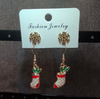 Christmas Stocking Snowflake Earring 2-Pair Set Enamel Gold-Tone Holiday NEW