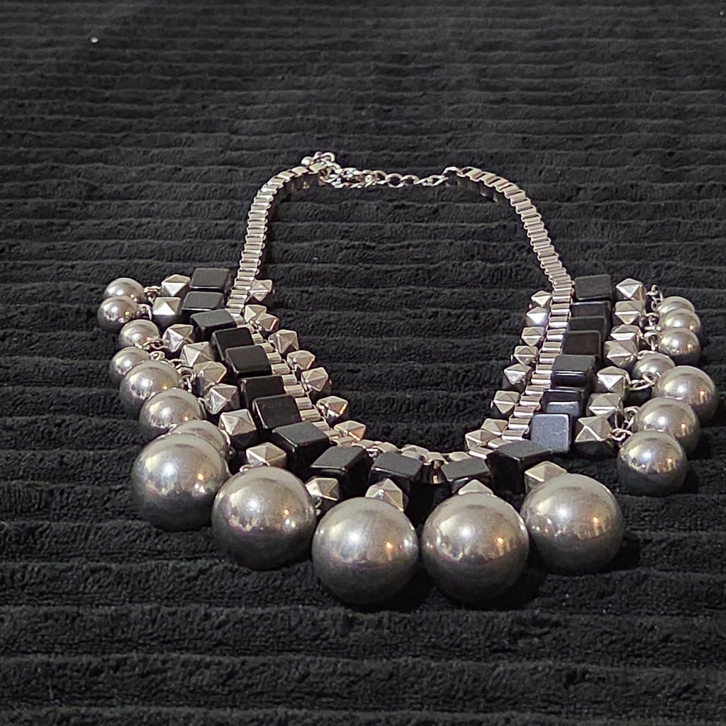 Chunky Silver Bib Statement Necklace Black Cube Cascading Collar Choker Punk Mod
