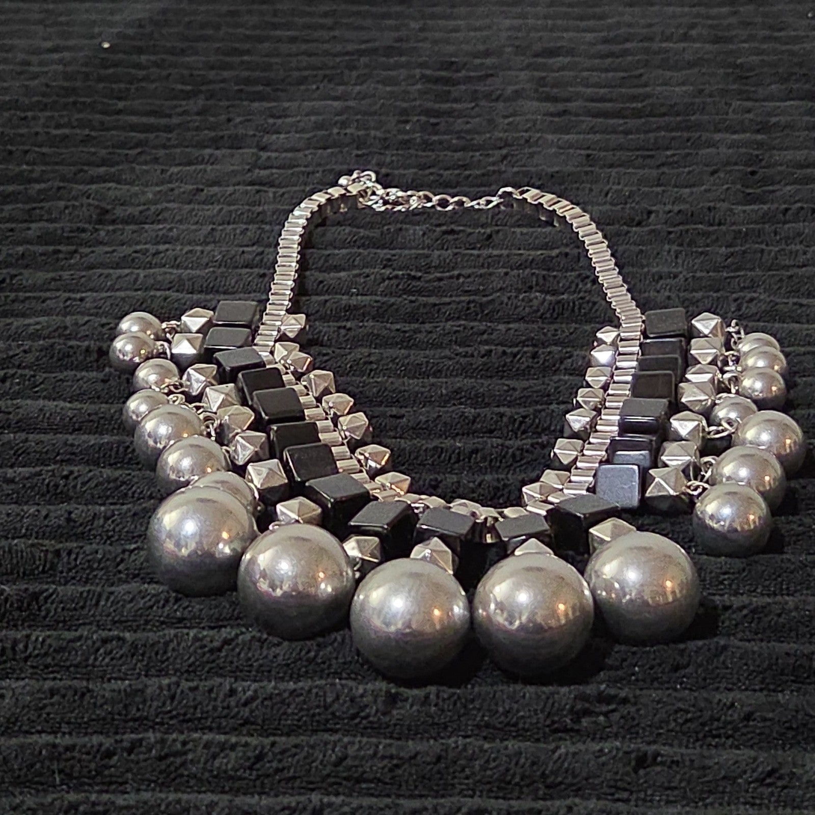 Chunky Silver Bib Statement Necklace Black Cube Cascading Collar Choker Punk Mod