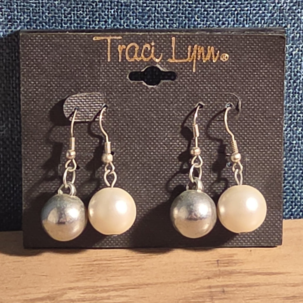 Traci Lynn Faux Pearl Silver Ball Hook Drop Earrings