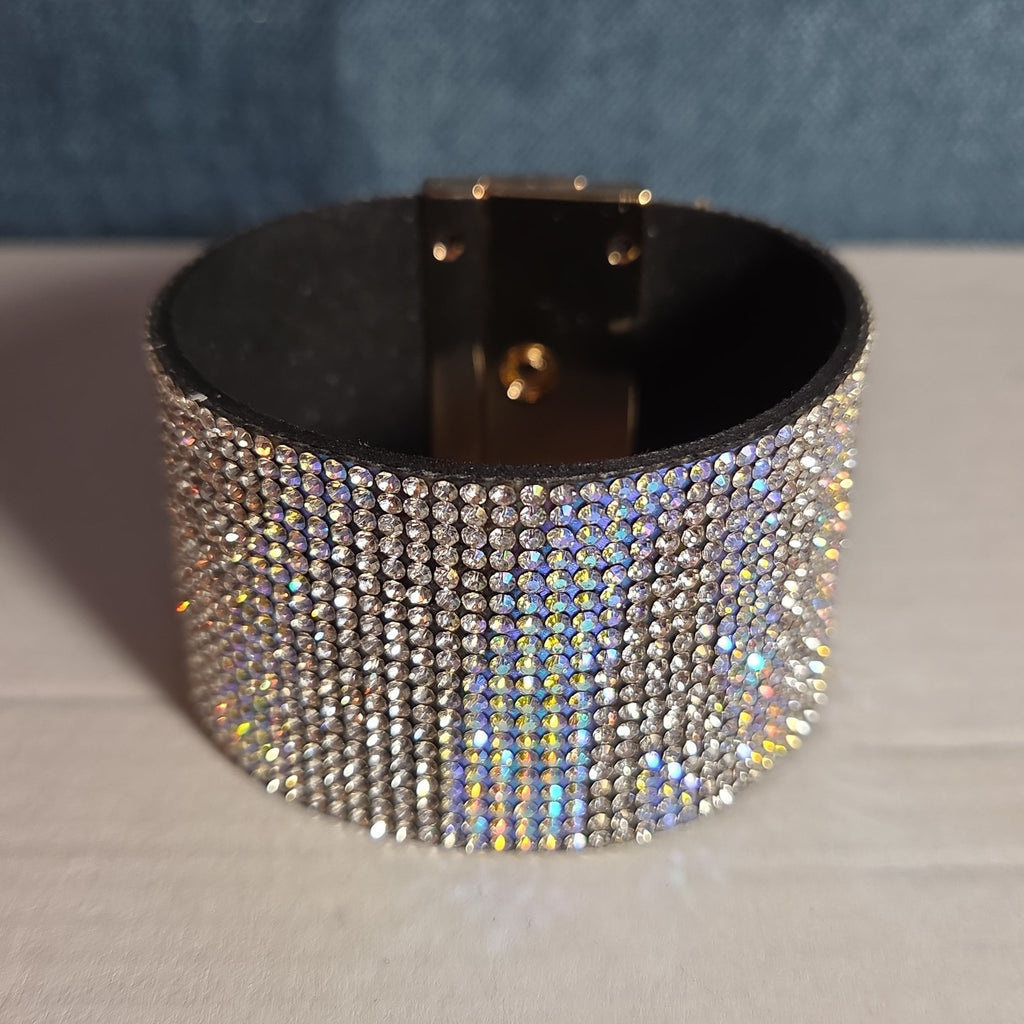 Rhinestone Wide Cuff Bracelet AB Crystal Gold Tone Y2K Glam Style NWOT