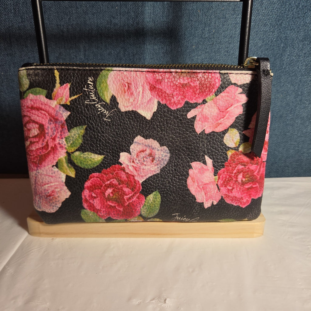 Juicy Couture Rose Floral Zipper Pouch Card Holder Black Pink Y2K