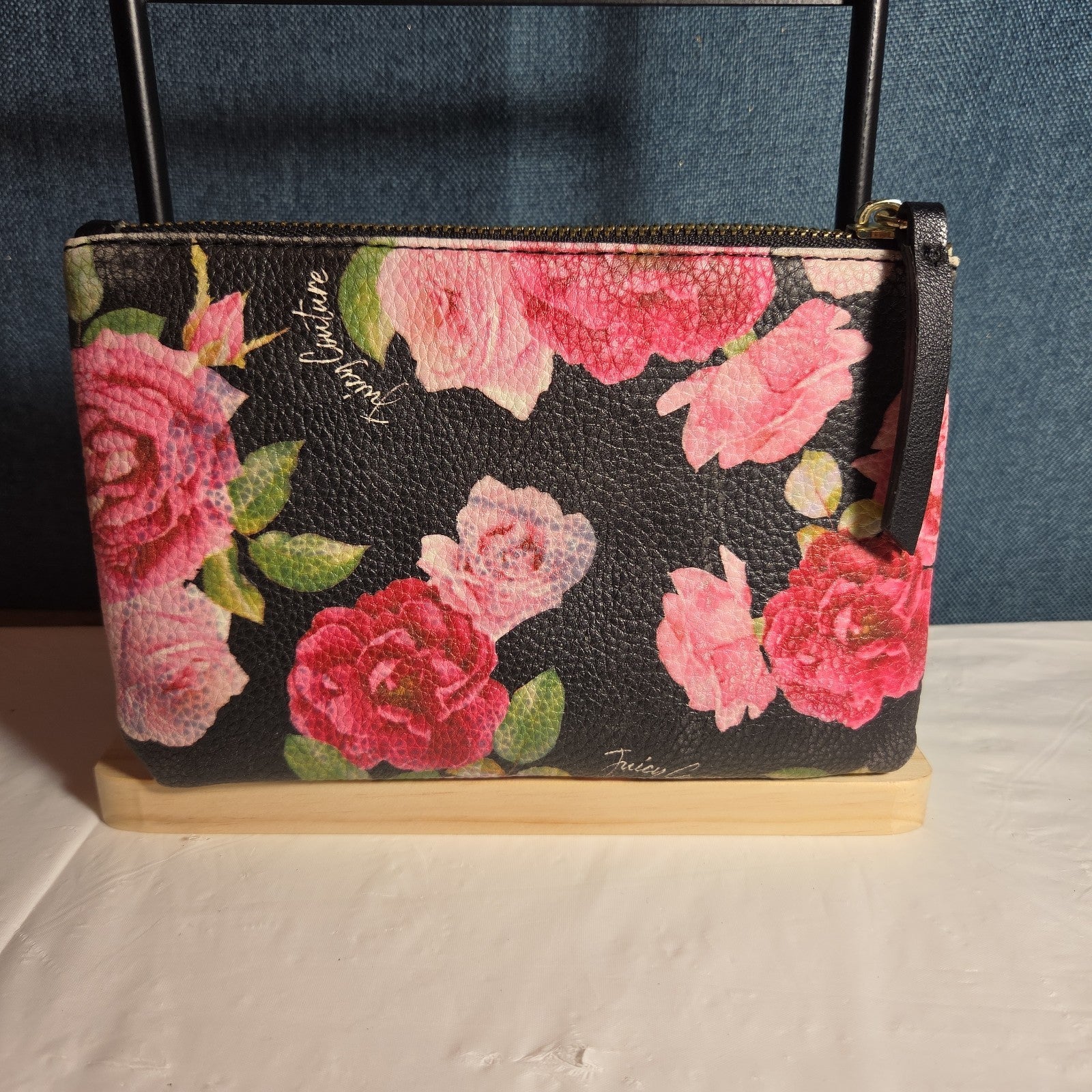 Juicy Couture Rose Floral Zipper Pouch Card Holder Black Pink Y2K
