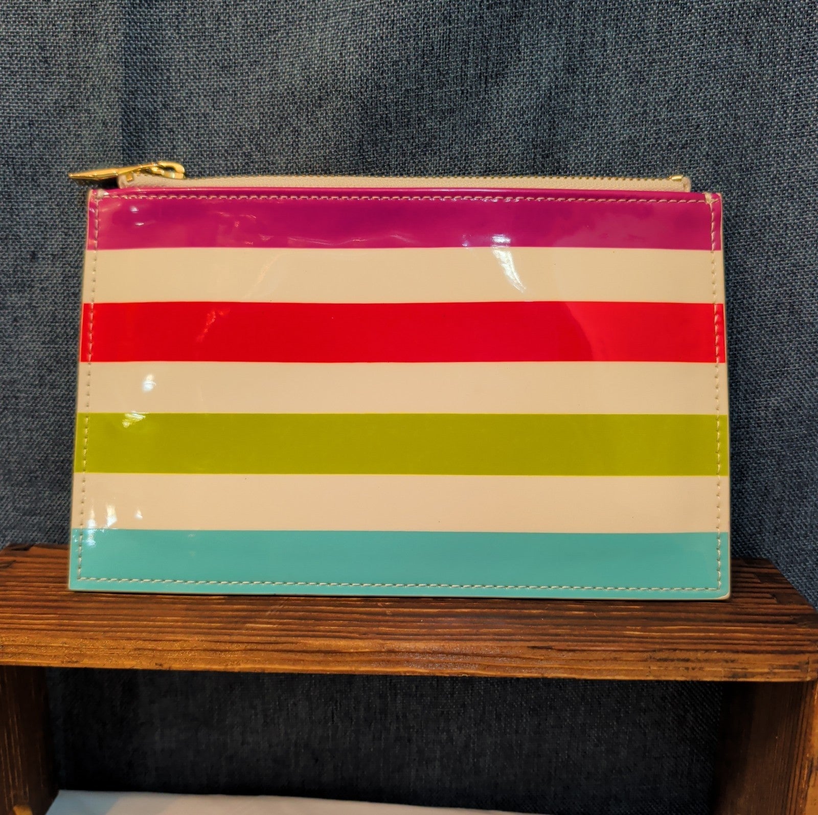 Kate Spade Striped Pencil Case Makeup Pouch Glossy Patent Preppy