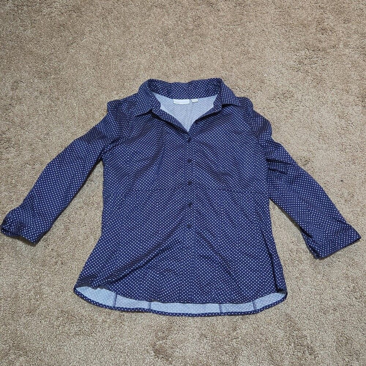 New York & Company Blouse Blue Polka Dot Button Down Office Wear Used Size L