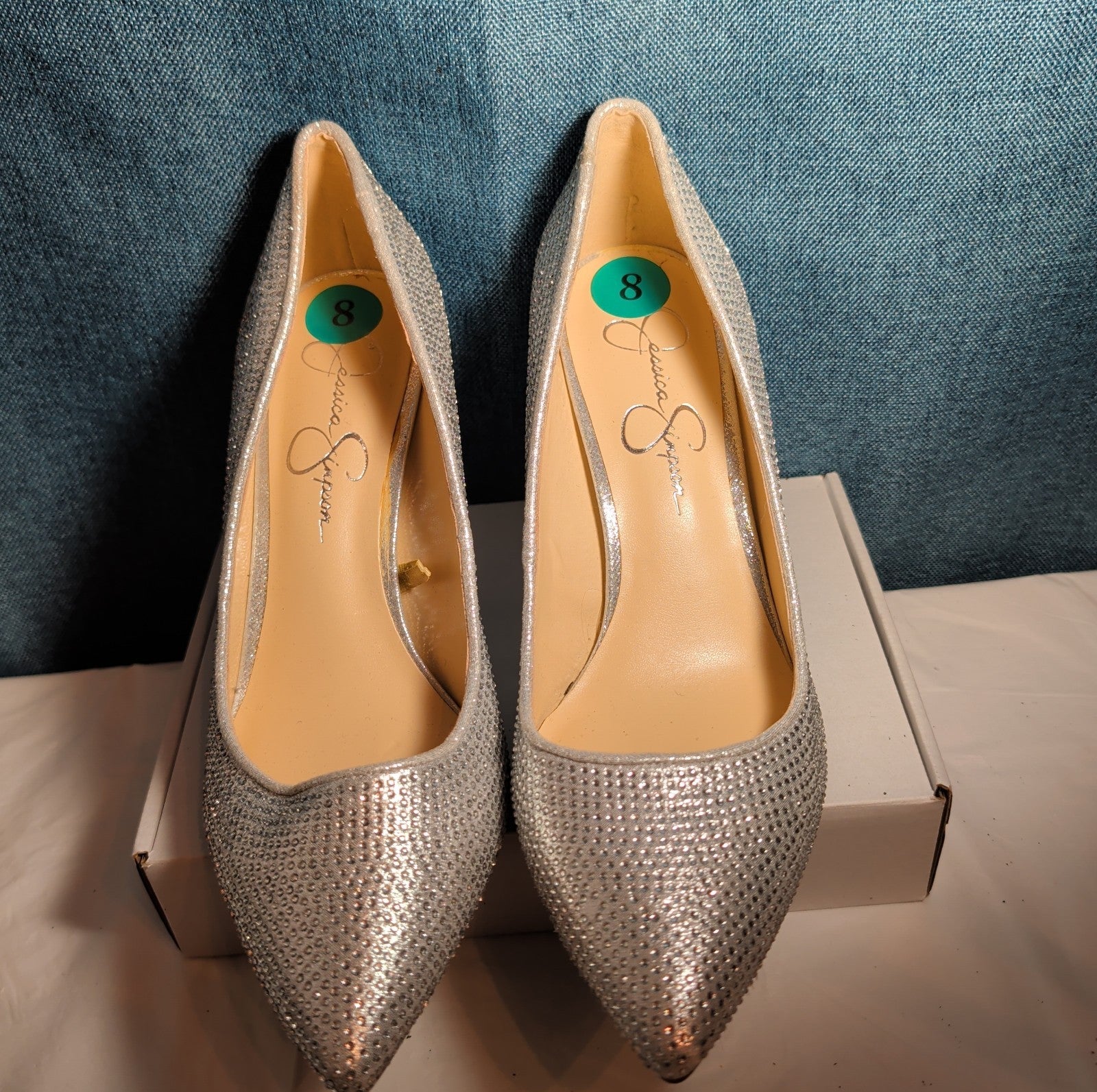 Jessica Simpson Lindiza Rhinestone Pumps 8M Silver Sparkly Stiletto Heels 39