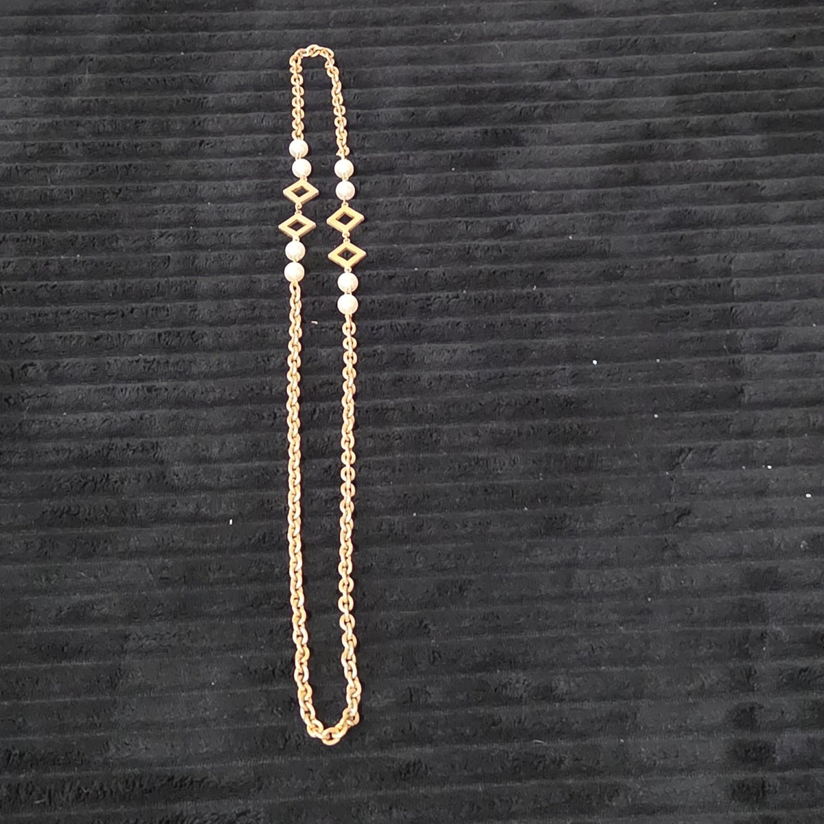 Vintage Gold Tone Geometric Necklace Long Pearl Station Diamond Link Chain 32"