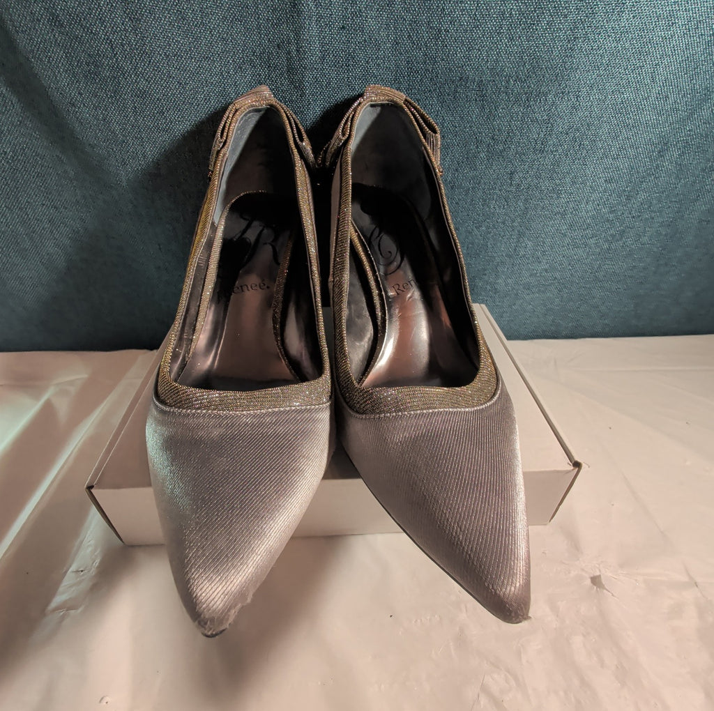 J Renee Silver Sparkly Bow Pumps 8.5 M Pointed Toe Metallic Satin