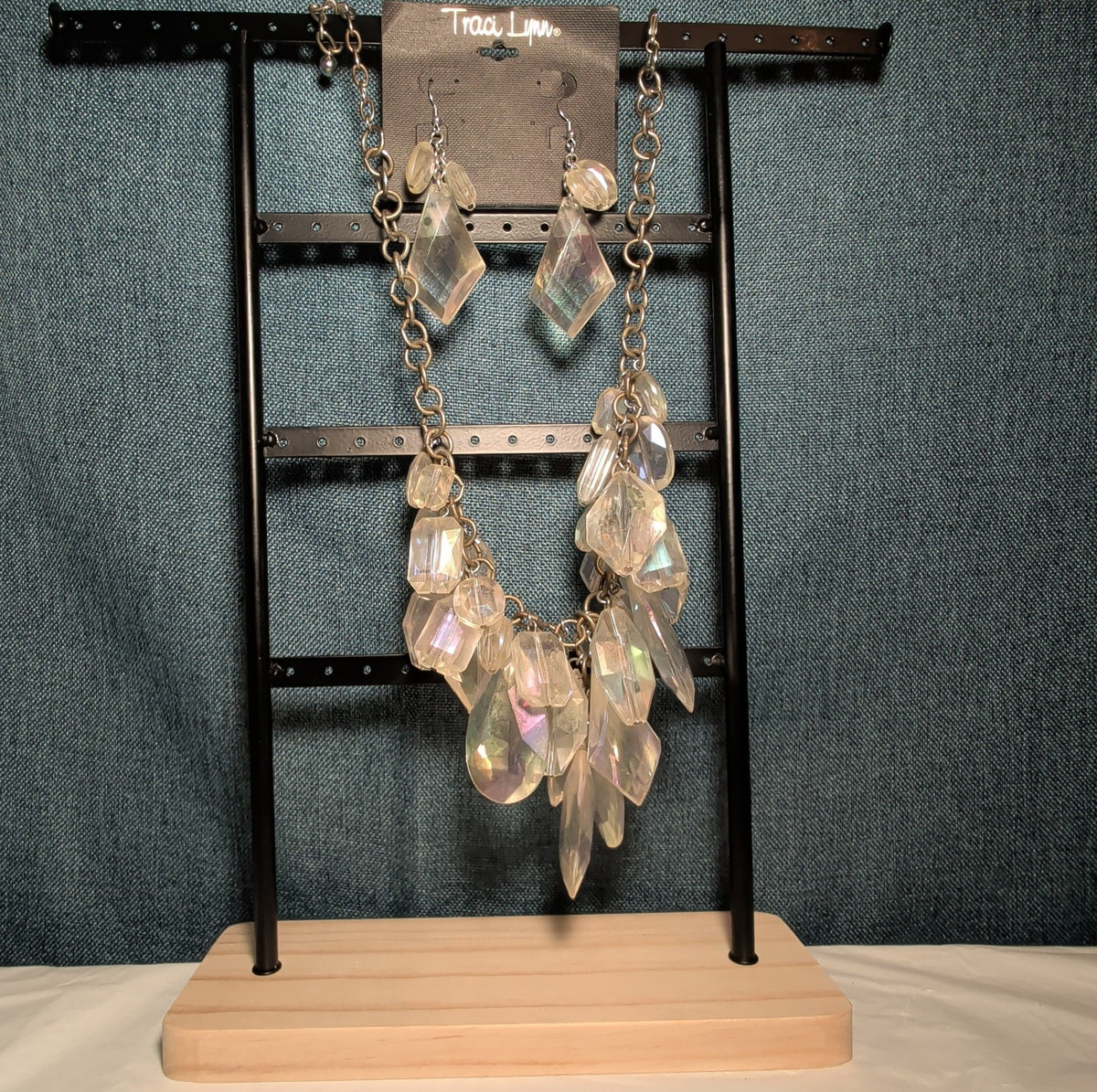Traci Lynn Iridescent Statement Bib Necklace Earring Set Vintage Style