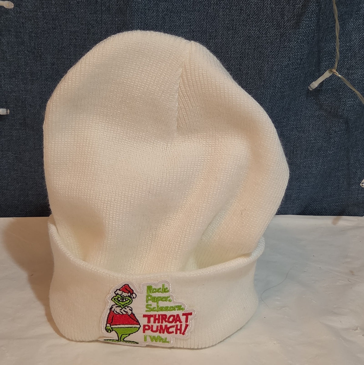 Custom Grinch Throat Punch White Knit Beanie Funny Holiday Hat Brand
