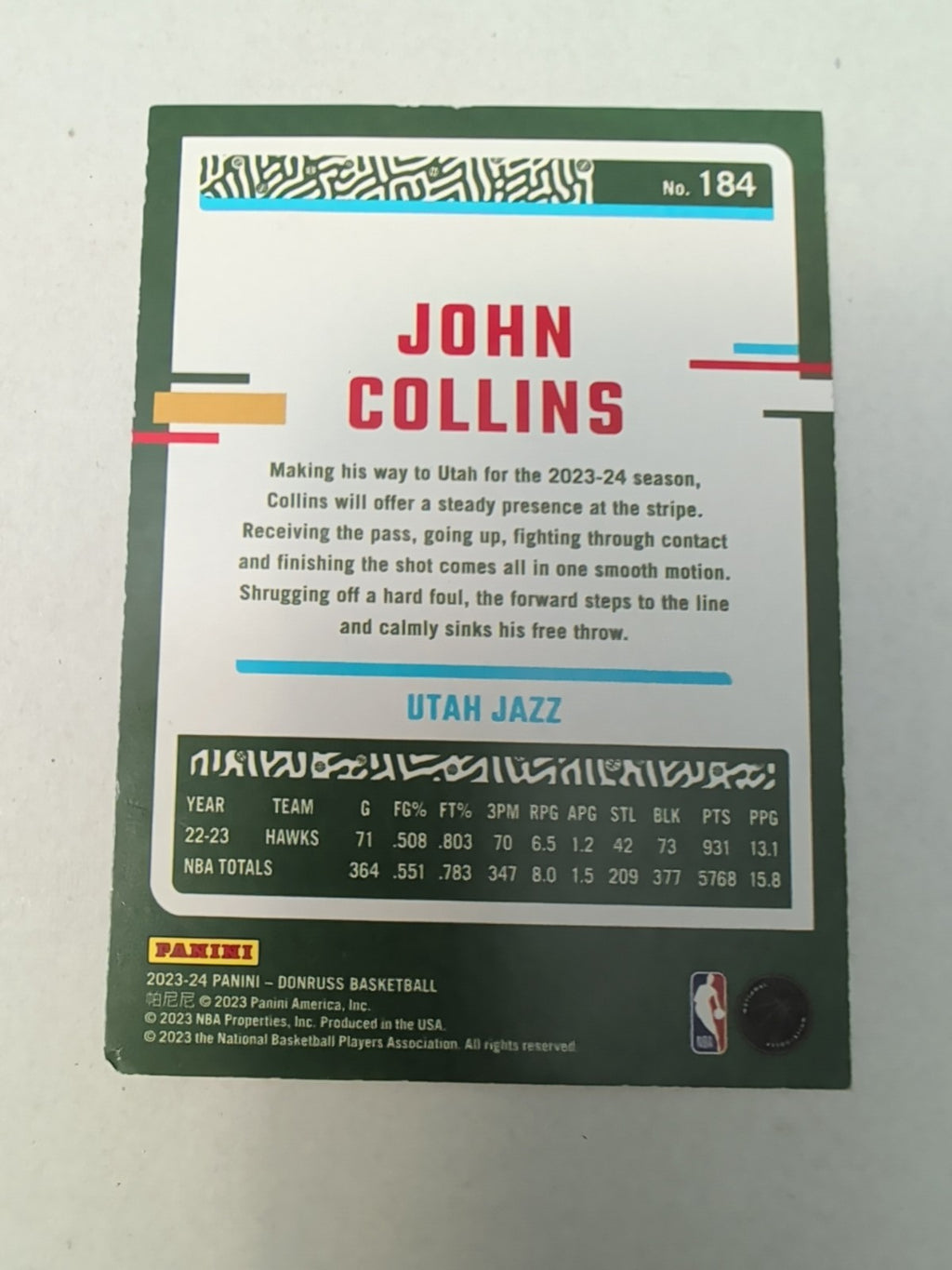 2023-24 Donruss John Collins #184 Green Holo Laser Parallel Utah Jazz
