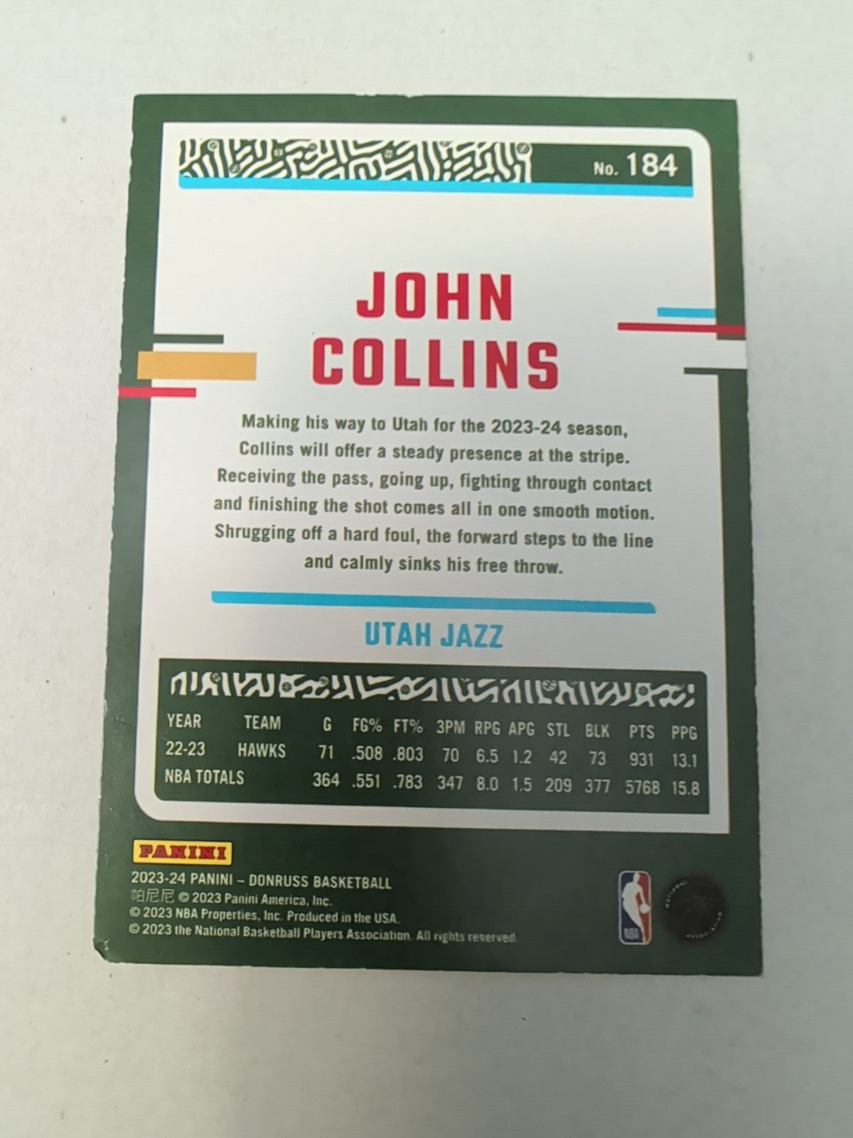 2023-24 Donruss John Collins #184 Green Holo Laser Parallel Utah Jazz