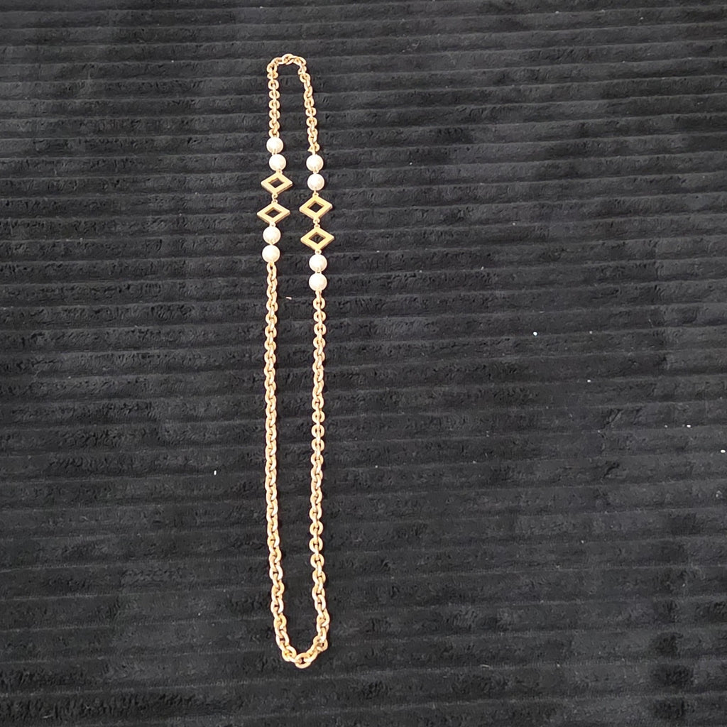 Vintage Gold Tone Geometric Necklace Long Pearl Station Diamond Link Chain 32"