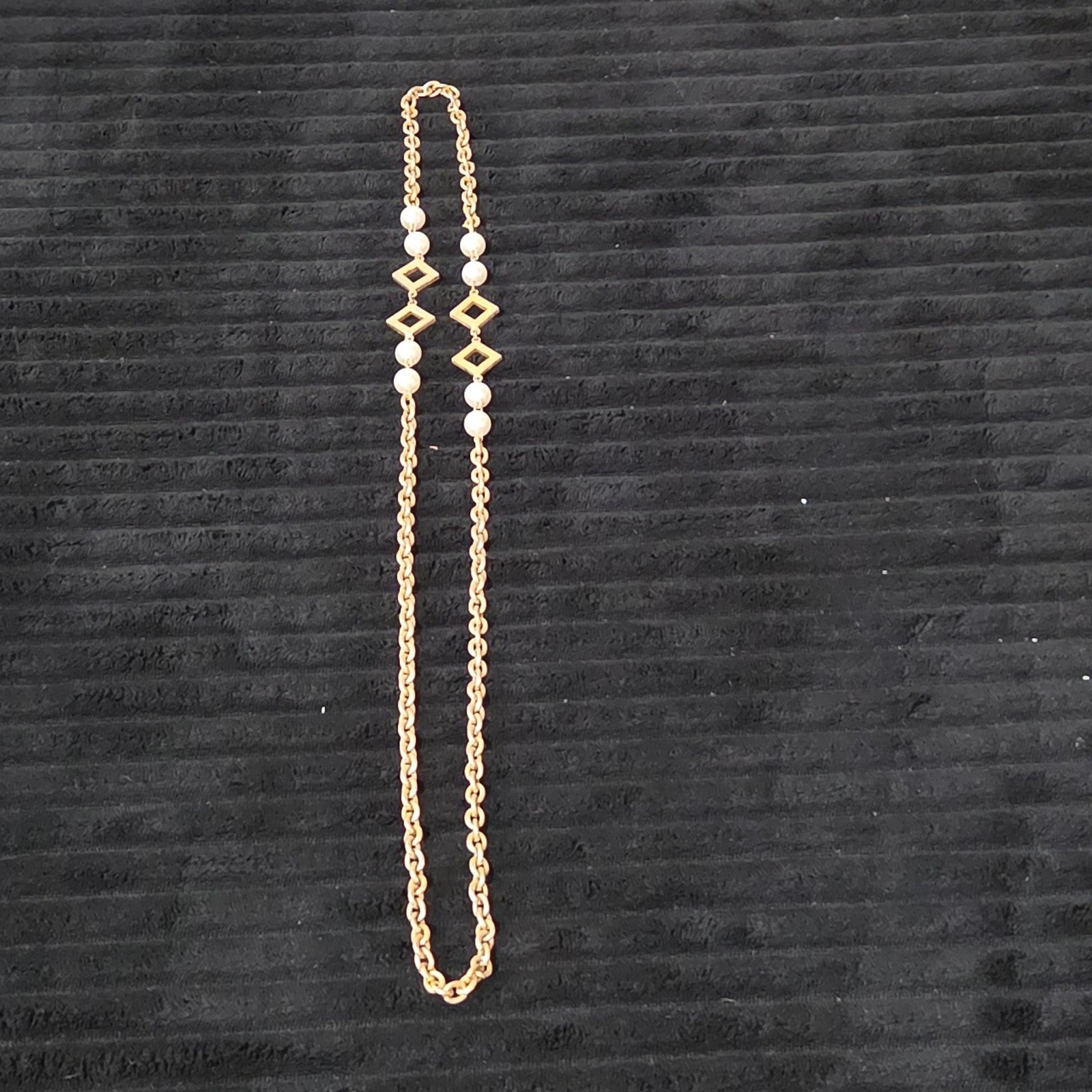 Vintage Gold Tone Geometric Necklace Long Pearl Station Diamond Link Chain 32"