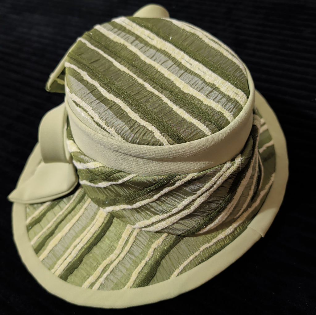 Carissimo Green Striped Wide Brim Church Derby Hat Bow Ribbon Vintage