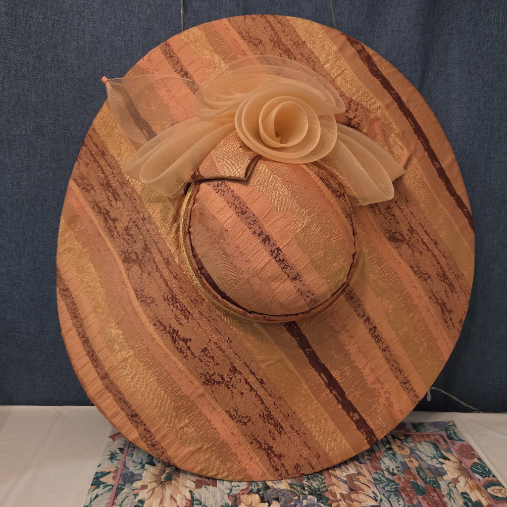 Ashro Wide Brim Derby Hat Peach Striped Mesh Flower
