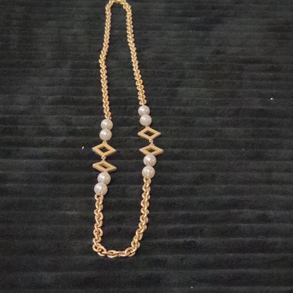Vintage Gold Tone Geometric Necklace Long Pearl Station Diamond Link Chain 32"