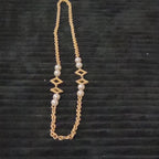 Vintage Gold Tone Geometric Necklace Long Pearl Station Diamond Link Chain 32"