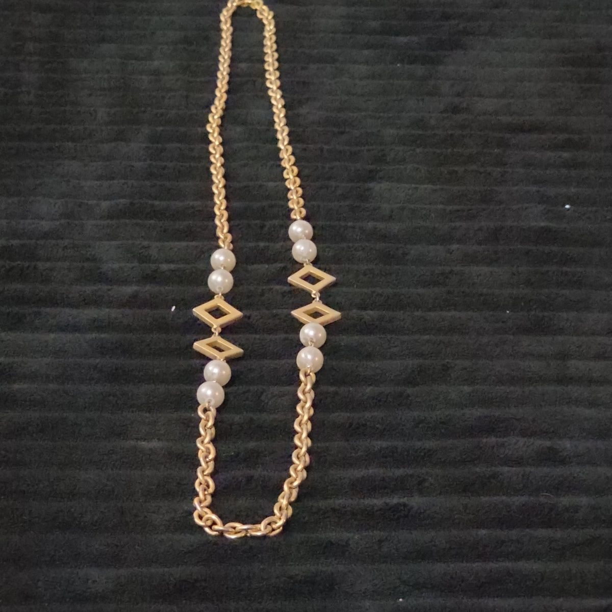 Vintage Gold Tone Geometric Necklace Long Pearl Station Diamond Link Chain 32"