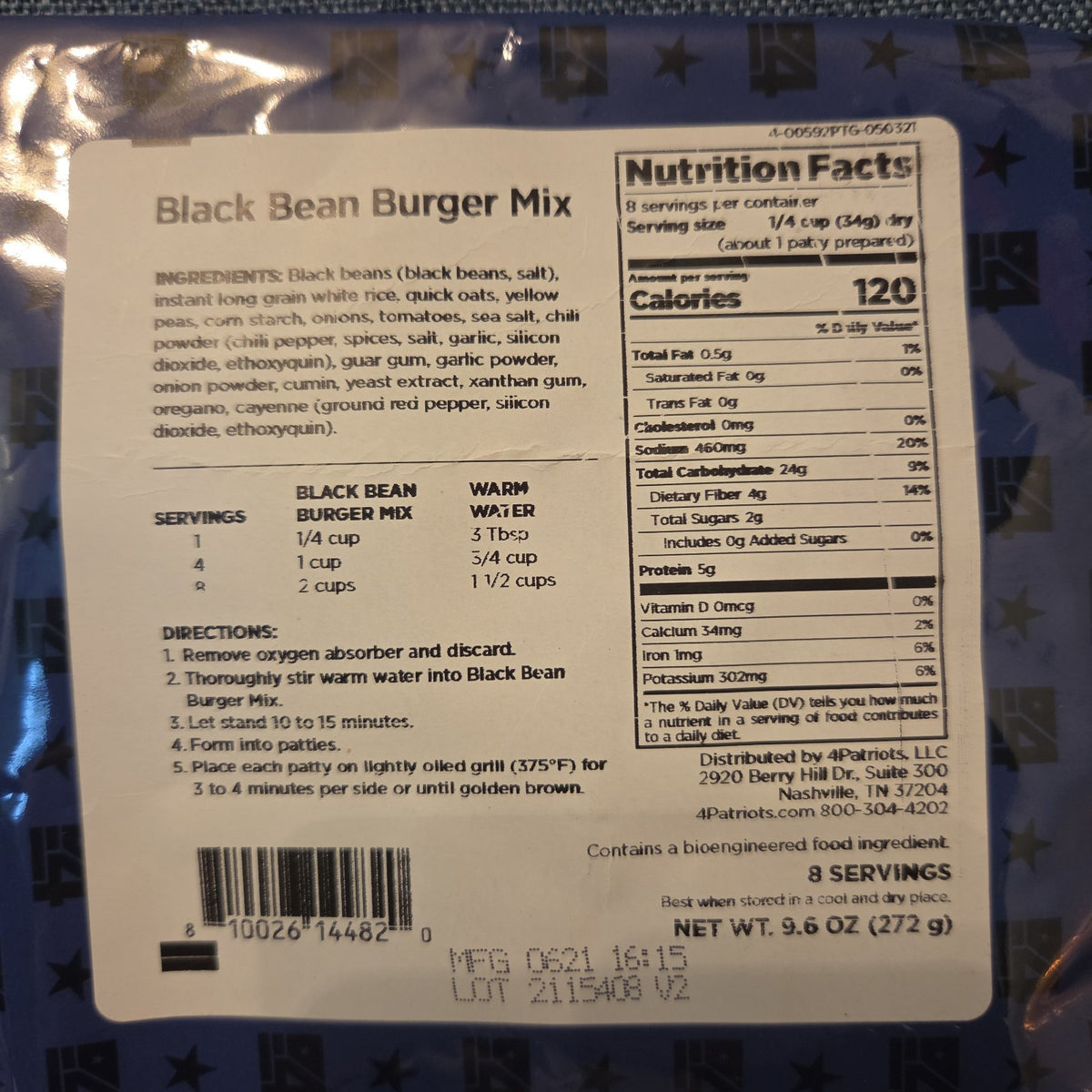 4Patriots Black Bean Burger Mix 8 Servings Survival Food