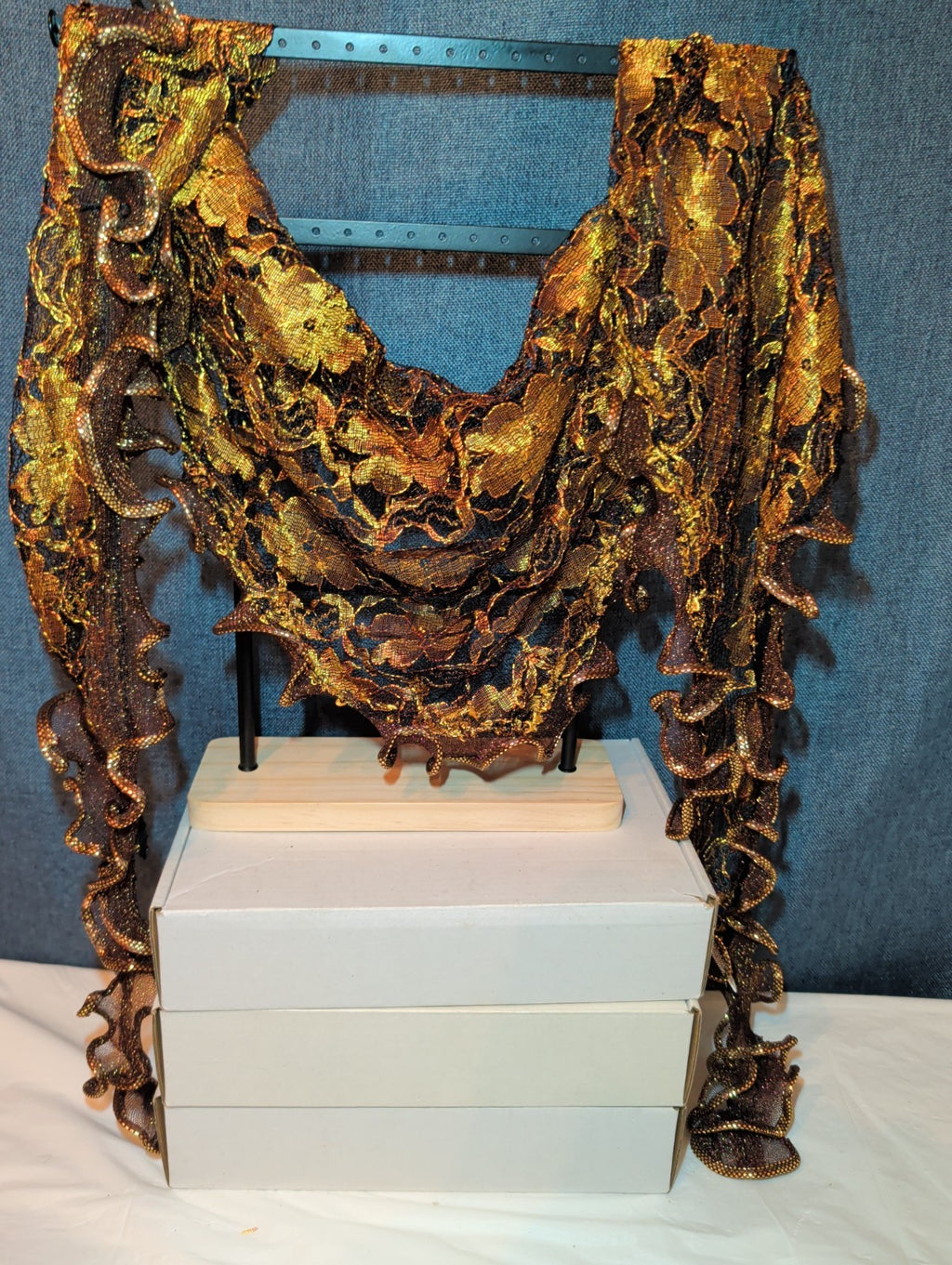 Laurena by LJL Metallic Lace Scarf Wrap Henna Rust Ruffled Boho NWT 63x23