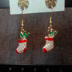 Christmas Stocking Snowflake Earring 2-Pair Set Enamel Gold-Tone Holiday NEW
