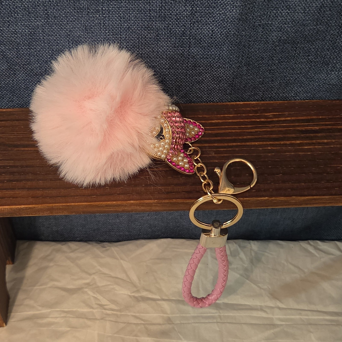 Pink Rhinestone Fox Pom Pom Keychain Charm Braided Strap