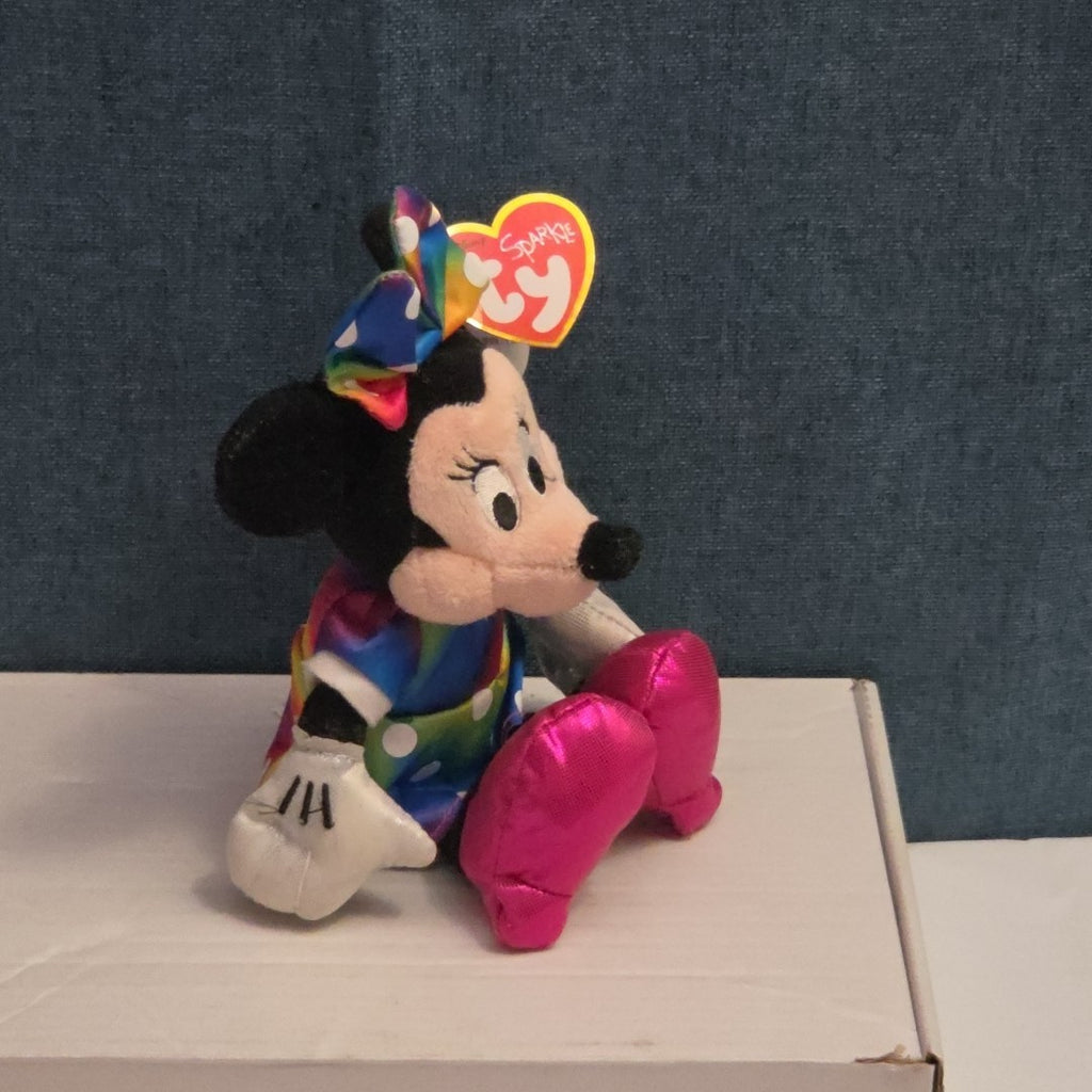 Ty Disney Beanie Baby Minnie Mouse Sparkle Rainbow Dress Metallic Pink Shoes