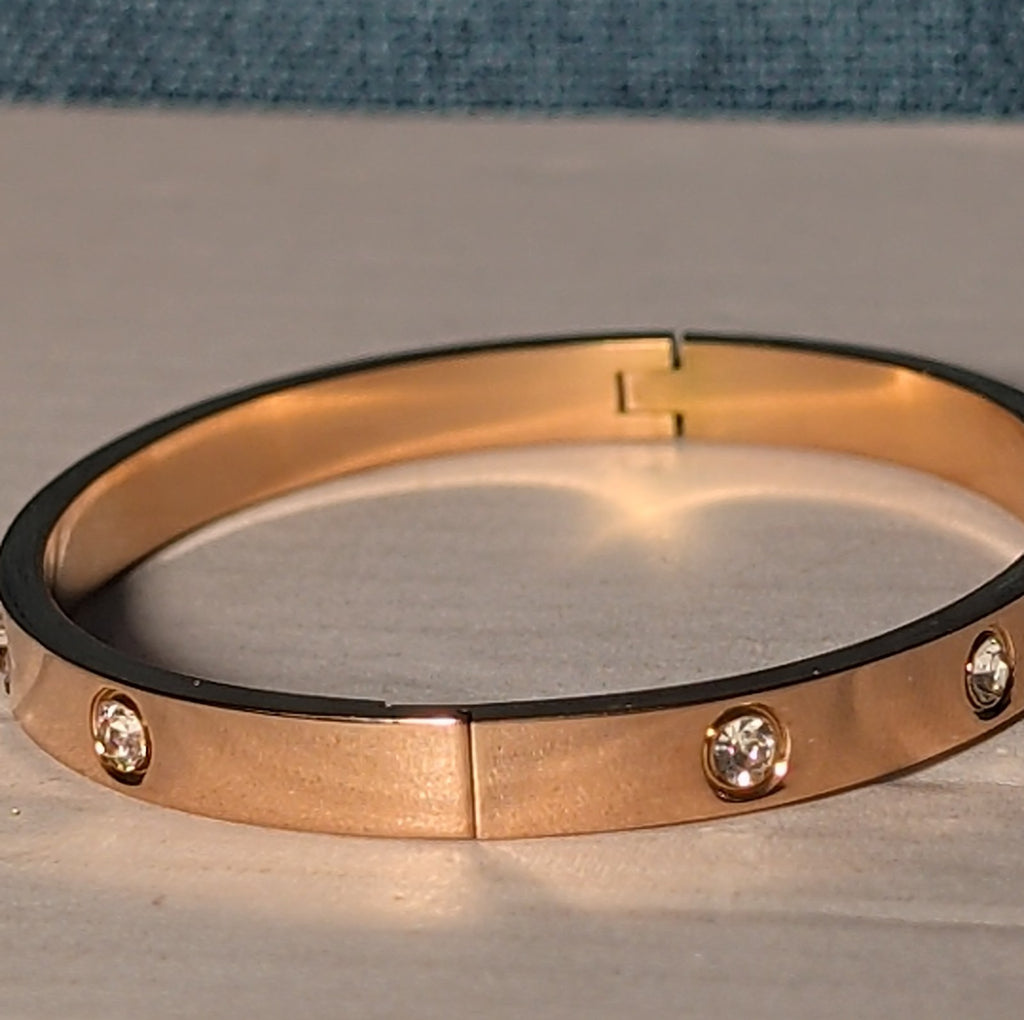 Hinged Bangle Copper Rose Gold Tone Rhinestone