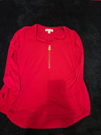 Michael Kors Blouse Red Zip Top Women Large Roll Tab Sleeve Jersey Shirt Used