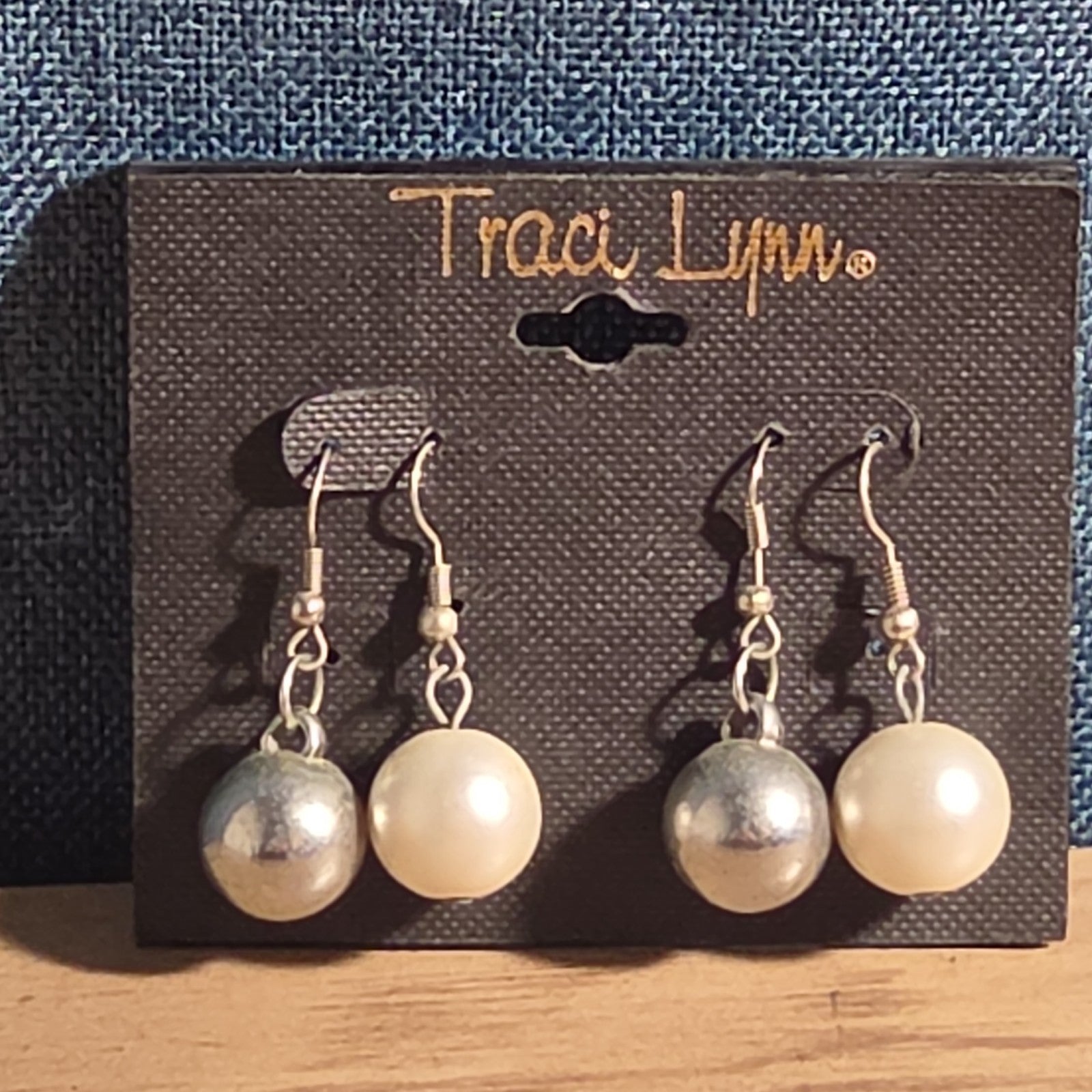 Traci Lynn Faux Pearl Silver Ball Hook Drop Earrings