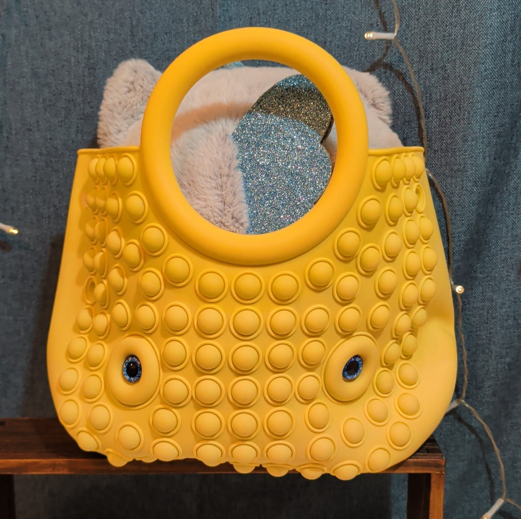 Large Yellow Pop Fidget Toy Silicone Handbag Tote Blue Eyes Kidcore