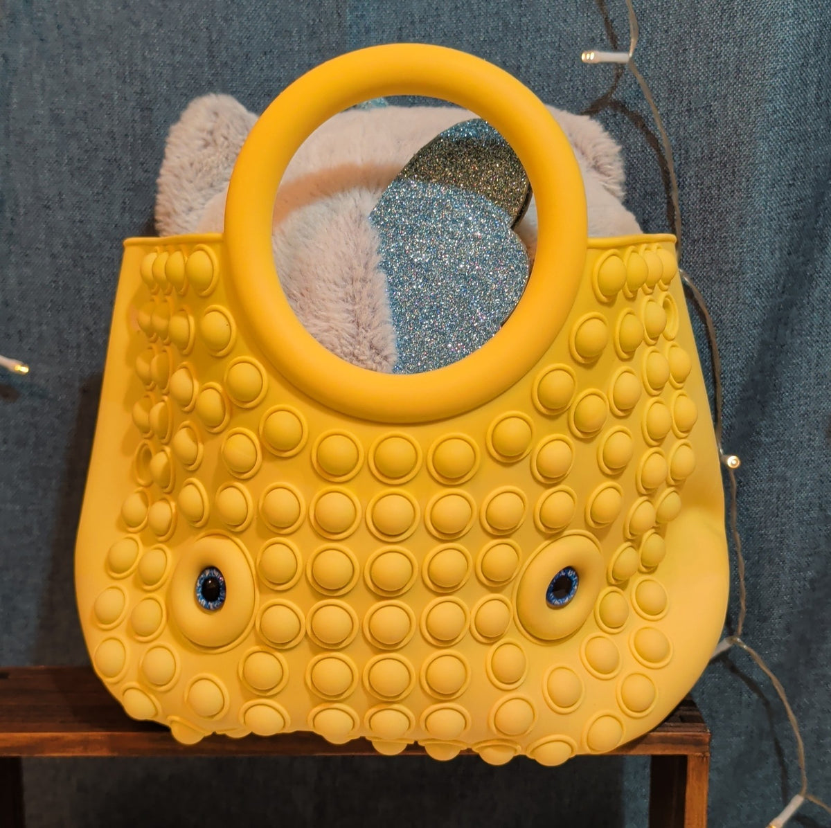 Large Yellow Pop Fidget Toy Silicone Handbag Tote Blue Eyes Kidcore
