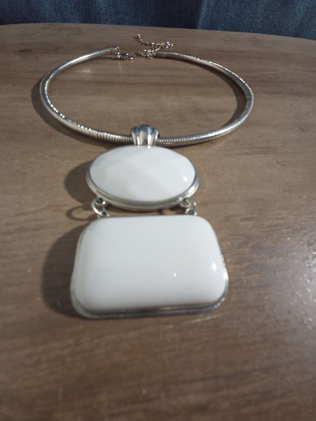 White Stone Pendant Silver Tone Omega Collar Choker Statement Necklace