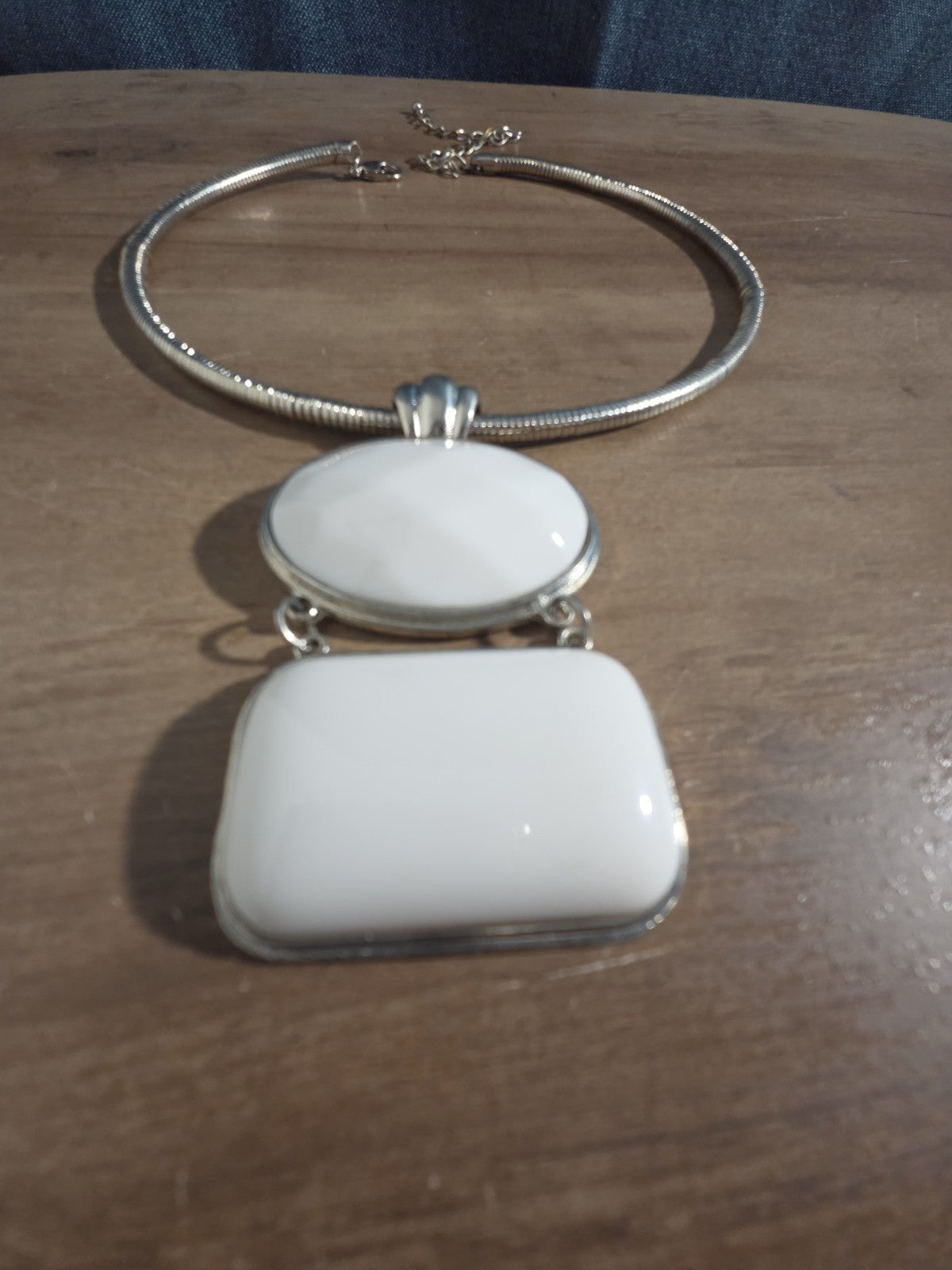 White Stone Pendant Silver Tone Omega Collar Choker Statement Necklace