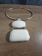 White Stone Pendant Silver Tone Omega Collar Choker Statement Necklace