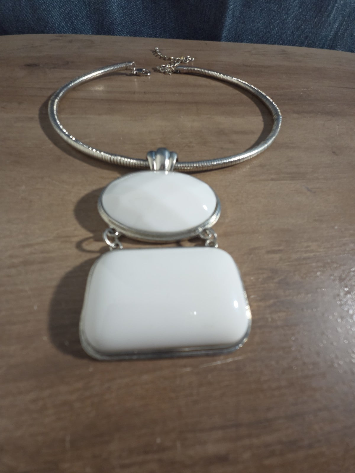 White Stone Pendant Silver Tone Omega Collar Choker Statement Necklace