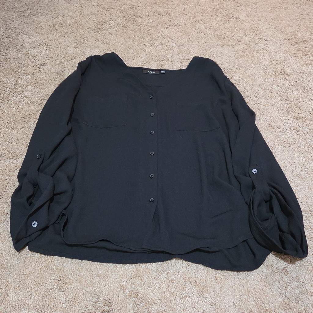 Apt 9 Black Blouse Womens XL V-Neck Roll Tab Sleeve Lightweight Shirt Casual Top